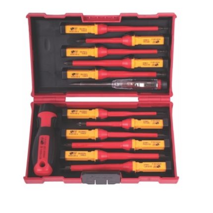 Hoteche VDE Screwdriver Set 13 Pieces - Insulated Screwdrivers for Electricians - SL, PH, PZ, T - 1 Piece VDE Electrical Tester - Red/Black Plastic Bo