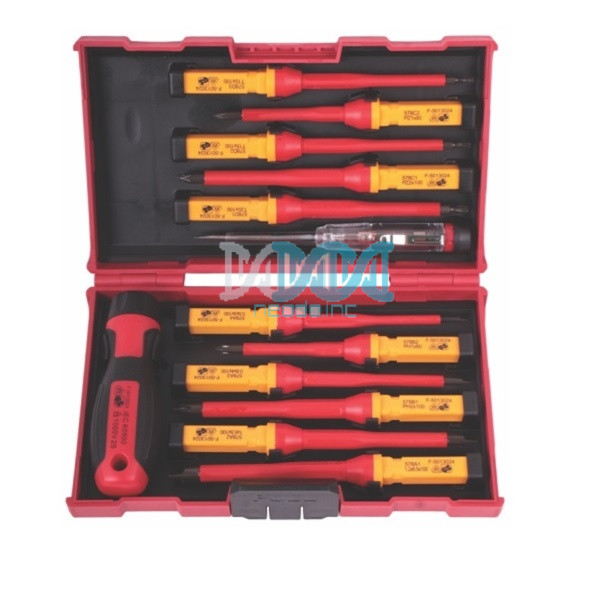 NEO-17941 Hoteche VDE Screwdriver Set 13 Pieces - Insulated Screwdrivers for Electricians - SL, PH, PZ, T - 1 Piece VDE Electrical Tester - Red/Black Plastic Bo